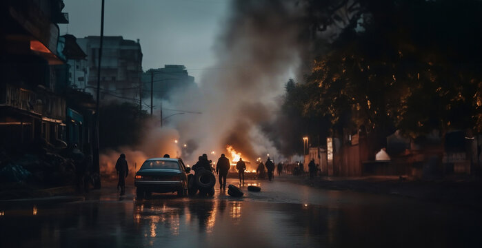 street riots looters burning tires, street protests