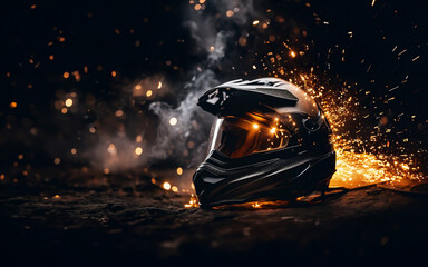 motorcycle helmet with protective cover on dark background and sparks