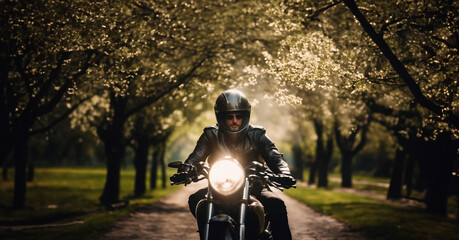 motorcyclist in a helmet on a motorcycle in the spring against a background of flowering trees, the...