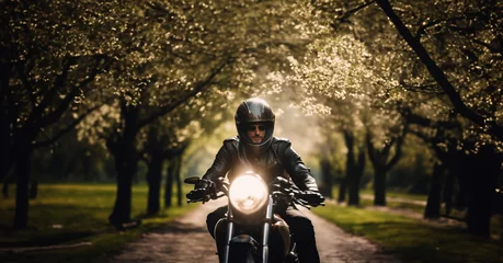 Papier Peint photo Moto motorcyclist in a helmet on a motorcycle in the spring against a background of flowering trees, the concept of the opening of the motorcycle season.