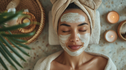 Skin care routine of in a spa. Woman has a cream face mask on while resting. Mindful self care concept.