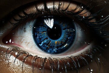 Macro image of a human eye with intricate blue iris reflecting a futuristic cityscape, with water...