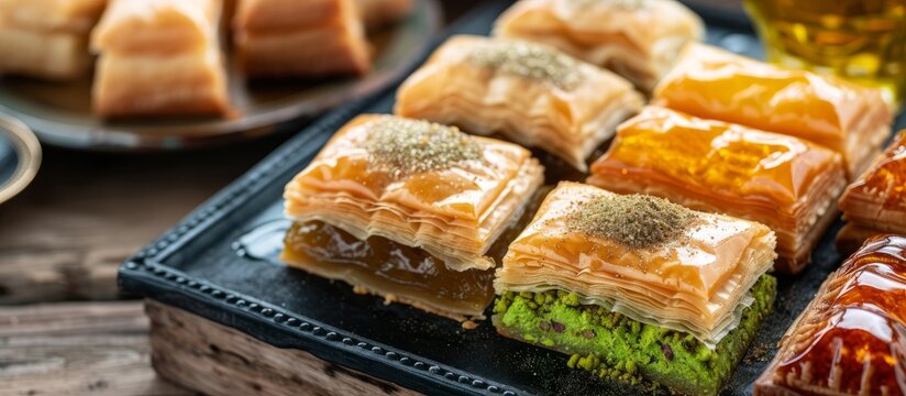 Arabic sweet pastries like baklava, warbat, kunafa, and kadayif with pistachio and cheese.