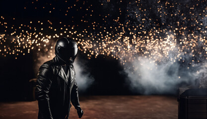 motorcyclist in a helmet and protective leather jacket on a black background. Motorcycle gear...