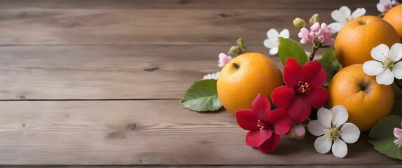 Naklejka na ściany i meble summer background. fruit flowers on a wooden