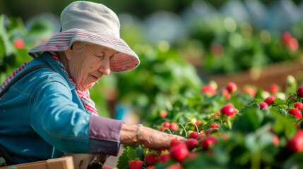 Elderly woman working on strawberry picking at a sustainable farm. Organic agriculture