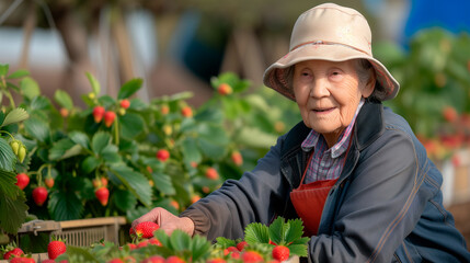 Asian elderly woman working on strawberry picking at a sustainable farm. Organic agriculture