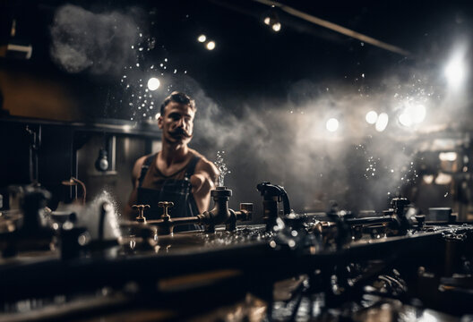male plumber with a mustache fixes a pipe in the basement in steam and splashes, a water pipe is leaking.