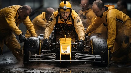 Formula 1 Pit Crew in Controlled Chaos. Rapid, Precise Tire Change in High-Speed Capture Photography - obrazy, fototapety, plakaty