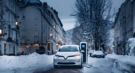 charging an electric car in the snow at a charging station