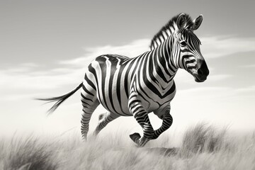 Fototapeta na wymiar Zebra running across the grassland, in motion, showcasing dynamic energy and wild grace in a monochrome setting.