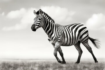 Fototapeta na wymiar Zebra in a black and white photograph, standing in grassland with a dramatic sky, displaying its distinctive stripes.