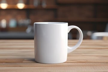 Fototapeta premium A plain white ceramic mug centered on a wooden table, with soft lighting and blurred background, suggesting a cozy atmosphere.
