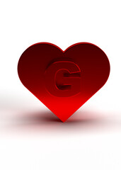 Letter g on a red metal heart for Valentine's Day or love engagement. Idea for a birthday card. 3d rendering
