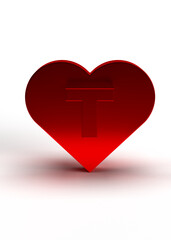 Letter t on a red metal heart for Valentine's Day or love engagement. Idea for a birthday card. 3d rendering
