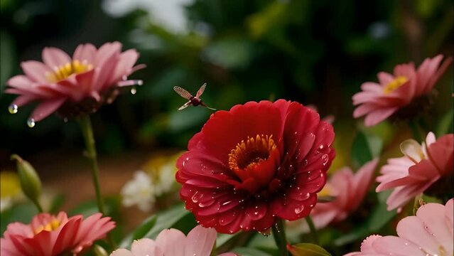 amera is flying around the flower in right direction, hyperlapse, the drops on the flowers are slowly moving