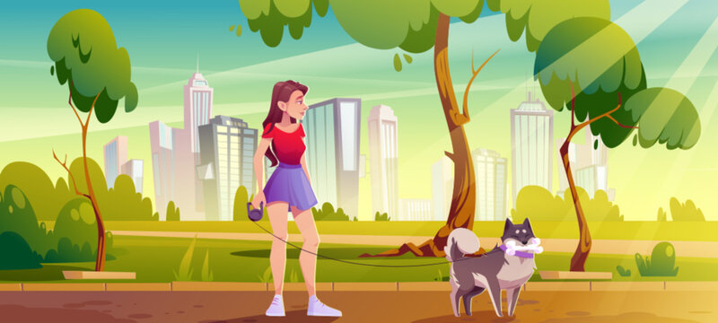 Young woman with dog walking in public city park on summer sunny day. Cartoon vector urban landscape with female pet owner. Girl play with her puppy outdoor. Lady with domestic animal friend in street