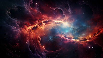 Nebular Enigma: Sci-Fi Black Hole Blast amidst Cosmic Clouds, Bright Colors, Swirling Forms, Distant Gaze - obrazy, fototapety, plakaty