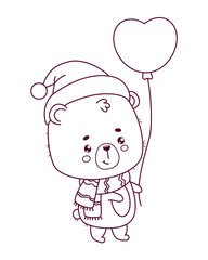 Cute winter bear boy with balloon. Outline Teddy bear. Animal in love kawaii character. Line drawing, coloring book. Kids collection. Vector illustration