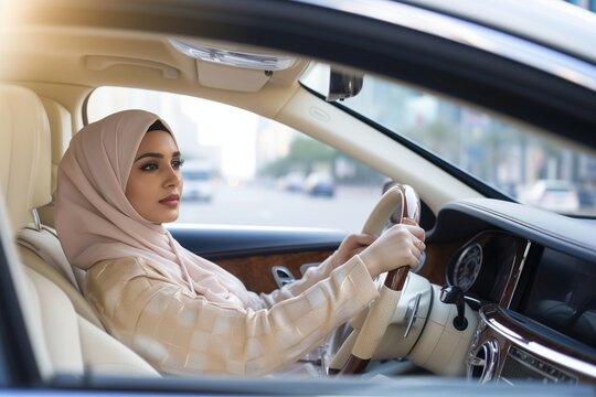 woman in hijab driving luxury car in city