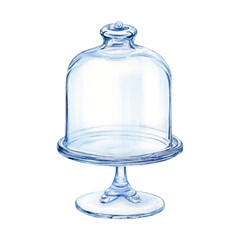 Cloche glass cake stand watercolor drawing dome. Glassware dish tray leg lid. Sweet treat fruit cupcake. Bakery bread tasty. Pastry aquarelle isolated on white background