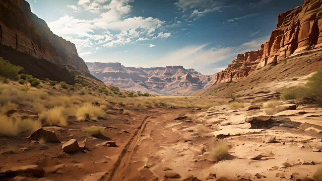 A stunning landscape shot of a desert canyon with a line of fossilized dinosaur footprints leading into the distance.