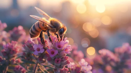 Fotobehang A honeybee gathers pollen on vibrant lavender flowers, bathed in the warm glow of a setting sun. © AI Art Factory