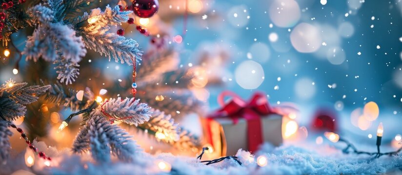 Tree adorned with presents, snowflakes, bokeh lights; "God Jul" equals Merry Christmas.