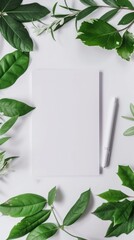 Blank White Paper Surrounded by Green Leaves on Desk. Background for Instagram Story, Banner