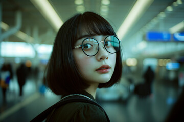 A lady with fashionable bob hairstyle and glasses walking through the airport