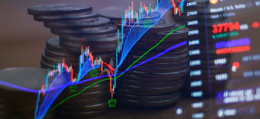 Crypto currency background. Market Analyze. Bar graphs, Diagrams, financial figures. Forex chart.