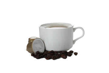 PNG, Coffee capsules, coffee beans and cup, isolated on white background