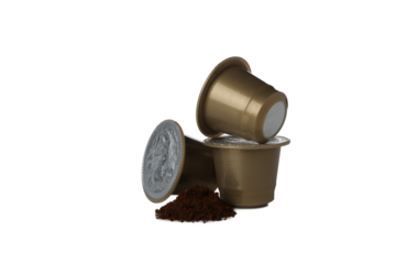PNG, Coffee capsules and ground coffee, isolated on white background, close up