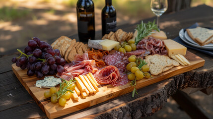 A sizable wooden charcuterie board, with deli meats, cheeses, crackers, and grapes, accompanied by wine for an outdoor picnic