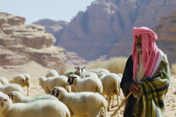 bedouin shepherd with flock of sheep on arid land - obrazy, fototapety, plakaty