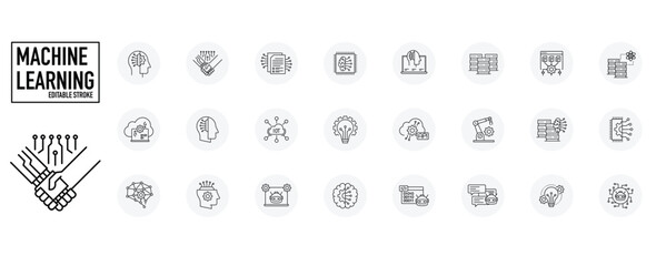 Machine learning Vector line icons set, Artificial Intelligence icon set, Big data, IOT, Deep Learning, Robotics, Cloud Computing, Editable Stroke. 