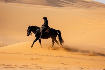 bedouin riding a horse across sandy dunes