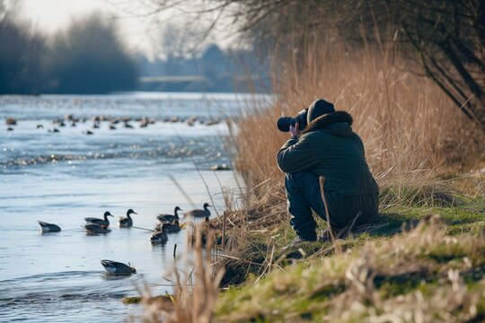 man on a riverbank with a telephoto lens photographing waterfowl