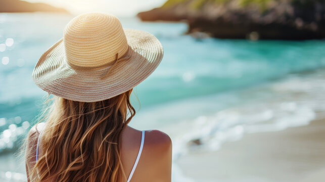 Woman from behind in a straw hat gazing at the sea on a sunny beach.