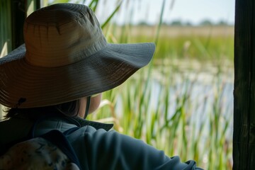 birdwatcher with a sun hat observing wetland birds from a hide - obrazy, fototapety, plakaty