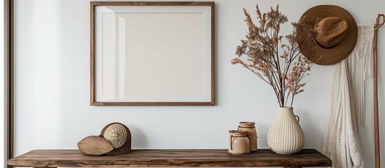 In chic home decor, the living room features a mock-up poster frame, elegant accessories, dried flowers in a vase, and a wooden console with a hanging hat.