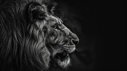 Majestic lion portrait in black and white. Wildlife and nature photography.