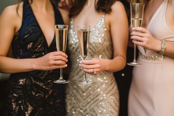 trio of women in cocktail dresses holding champagne flutes - obrazy, fototapety, plakaty