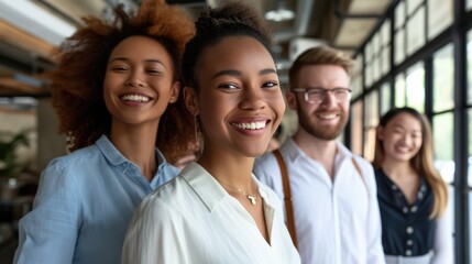 Fototapeta premium Face, business collaboration or employee diversity in workplace for teamwork or global startup. Team building, portrait or international workforce with support and solidarity in office with happiness