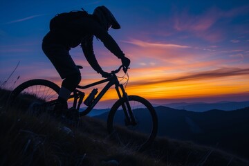 Obraz premium mountain biker silhouetted against sunset while climbing trail