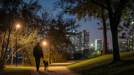 evening walk, dog, urban park, city lights, peaceful, person walking dog, lit path, night, outdoor activity, pet exercise, cityscape, urban life, leisure, companionship, silhouette, dusk, tranquil, ci