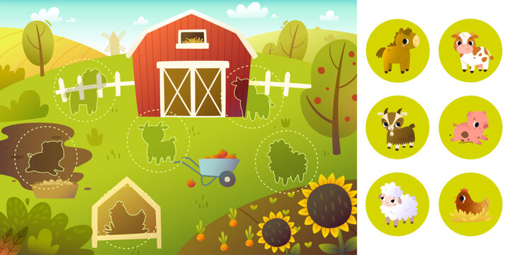 Cartoon board game with farm animals. Cute vector game set with rural landscape and domestic animals.