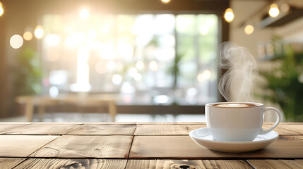 Cup of coffee on wooden table. blurred background. Relaxed time. AI Generative.Generative AI illustration 