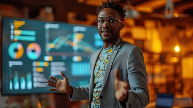 Confident young leader in a smart blazer and graphic tee presenting a tech startup idea on a large screen to an engaged audience in a modern startup environment