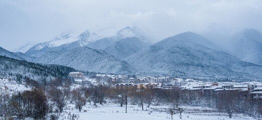 Fototapeta na wymiar Bansko town in Pirin National Park after snowfall
